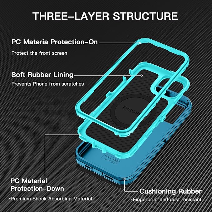for iPhone 13/14/15 Case [Compatible with MagSafe] Shockproof 3-Layer Full Body Protection Rugged Heavy Duty Cover Case for Apple iPhone 13/14/15 6.1",Turquoise