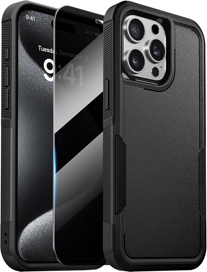 Diaclara Designed for iPhone 15 Pro Max Case, [with Privacy Screen Protector] [Anti Spy] [Military Grade Drop Protection] Heavy Duty Full-Body Shockproof Phone Case, Black