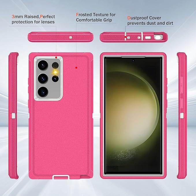 For Samsung Galaxy S23 Ultra Case, S23 Ultra Case with [2 Pack]HD Screen Protector, [Military-Grade] Shockproof Dust/Drop Proof 3-Layer Full Body Protection Heavy Duty Case for Galaxy S23 Ultra, Pink