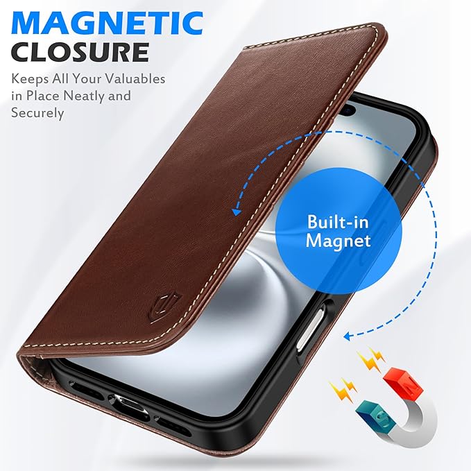 SHIELDON Case for iPhone 16 5G, Genuine Leather Foldable Wallet Magnetic Cover Kickstand RFID Blocking Credit Card Holder Shockproof Phone Case Compatible with iPhone 16 6.1" 2024 - Retro Coffee