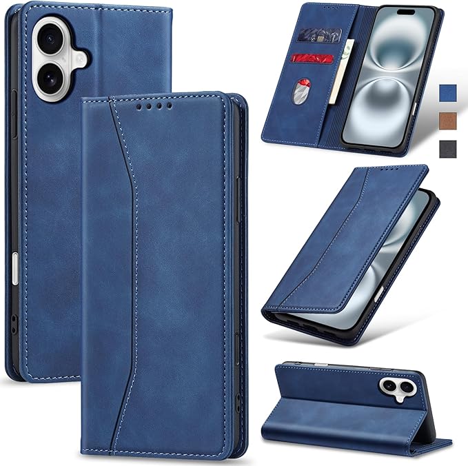 Jasonyu Flip Wallet Case for iPhone 16,Leather Magnetic Folio Cover with Card Holder,Kickstand - TPU Shockproof Durable Protective Phone Case,Blue