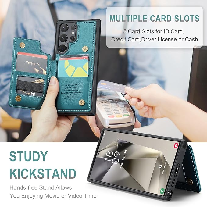 Vinich for Samsung Galaxy S24 Ultra Wallet Case with Card Holder, RFID Blocking Credit Slots Kickstand Shockproof Phone Cover for Women Men, Bluish Green