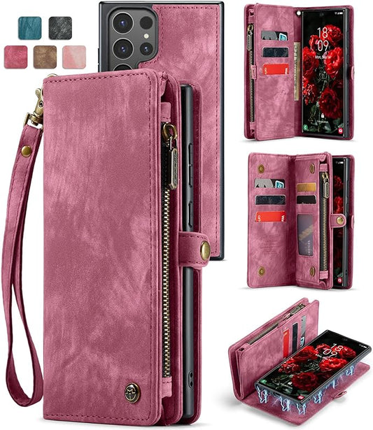 SZHAIYU 2 in 1 Detachable for Samsung Galaxy S25 Ultra Wallet Case with Card Holder, Retro Premium Flip Leather Cover Magnetic Zipper Pocket Phone Cases 6.8'' (Red, S25 Ultra)