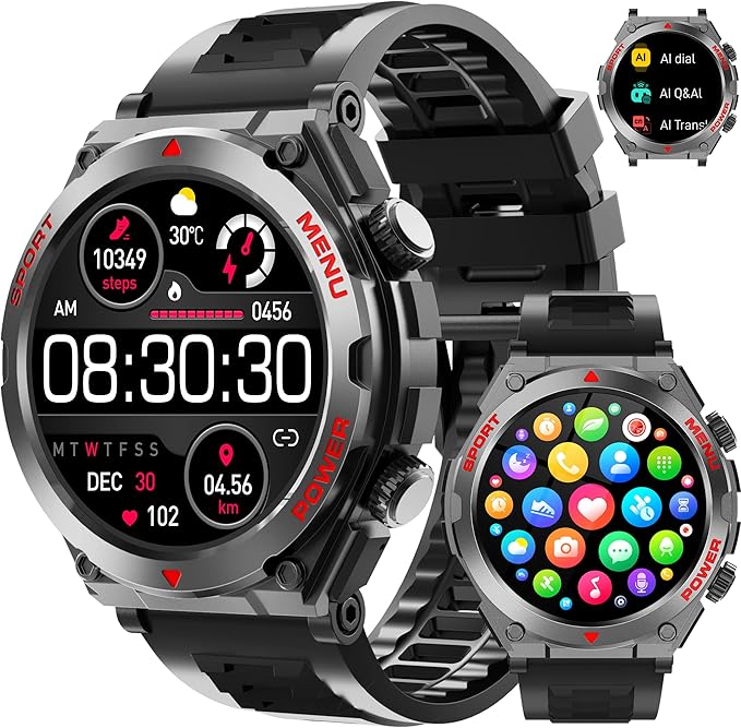 Military Smart Watch for Men With AI Q&A (Answer/Make Call/SMS Reply), 1.52" HD Smartwatch for Android Phones/iPhone, 100+ Sport Mode Fitness Tracker with HR, SpO2, Sleep Monitor, IP68 Waterproof