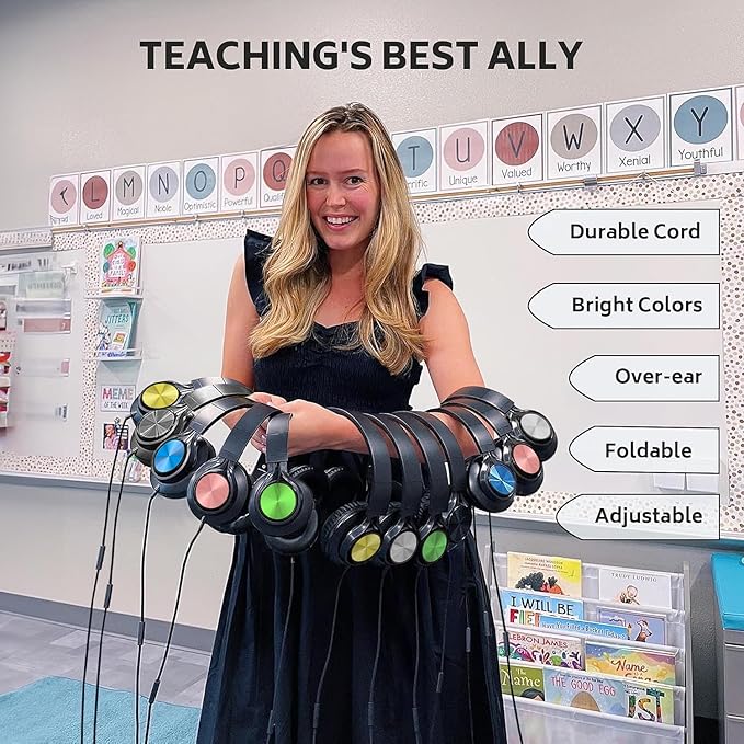 AILIHEN Classroom Headphones Bulk 12-Pack, Headphones Wired with Microphone for Students, Teens, Library, Chromebook, Laptop, Adjustable, Foldable, 3.5mm Jack - (Mixed Color)