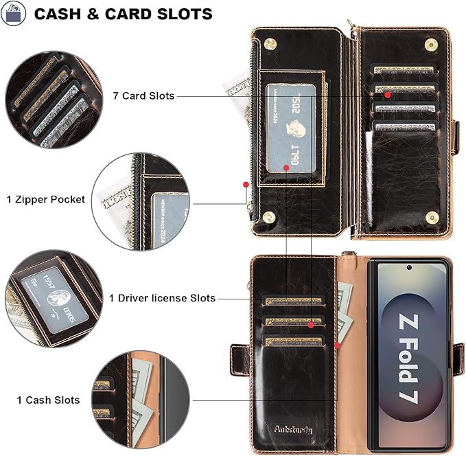 Antsturdy Compatible with Samsung Galaxy Z Fold7 Case Wallet with Card Holder,Z Fold 7 5G Phone Case with Strap Shockproof PU Leather RFID Blocking Flip Cover Credit Card Slots Women Men,Coffee