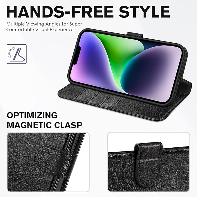 TUCCH Wallet Case for iPhone 14, [RFID Blocking] [4 Card Slots] TPU Interior Protective Case, Magnetic Folio Shockproof PU Leather Stand Flip Cover Compatible with iPhone 14 6.1 5G, Textured Black