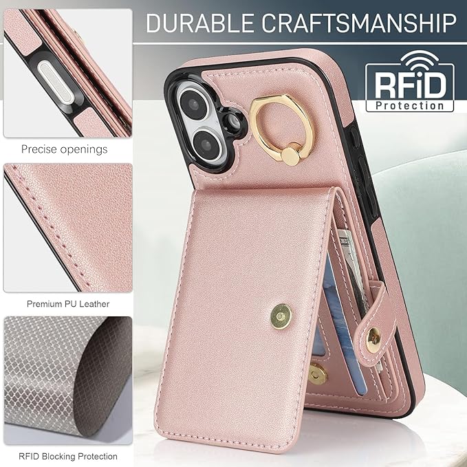Compatible iPhone 16 Wallet Case with Card Holder RFID Blocking PU Leather Doubles as a Wallet Unisex Flip Shockproof Protection with Card Slots Ring Wrist Kickstand Function,Rose Gold