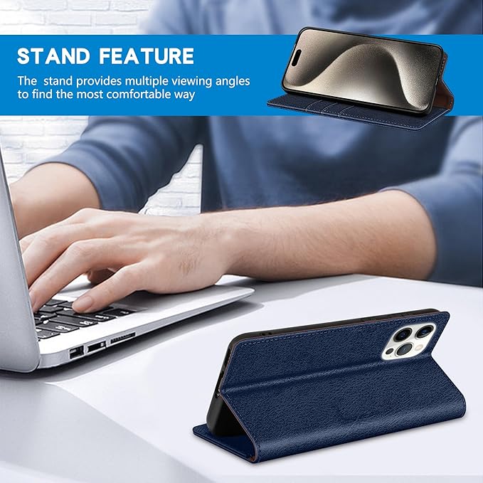 ZZXX for iPhone 15 Pro Max Wallet Case with [RFID Blocking] Card Slot Stand Strong Magnetic Leather Flip Fold Protective Phone Case for iPhone 15 Pro Max Case Wallet(Blue-6.7 inch)