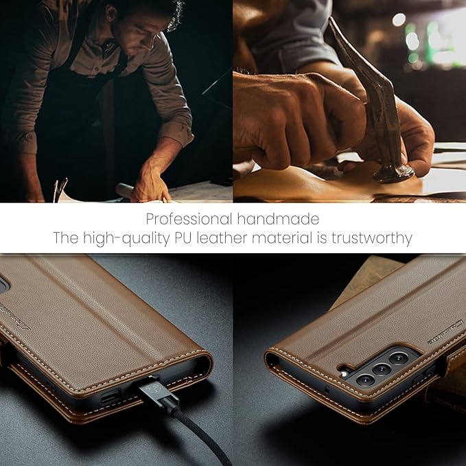 AUPAI for Samsung Galaxy S22 Wallet Case with Credit Card Holder, PU Leather RFID Blocking Folio Flip Kickstand Magnetic Clasp Protective Phone Cover for Women Men Brown