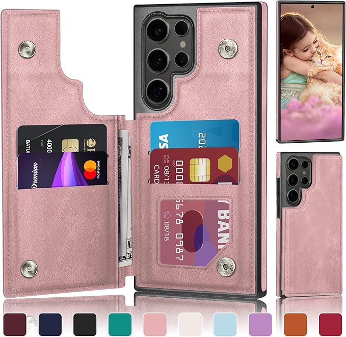 DJDUCK Designed for Samsung Galaxy S25 Ultra Case Wallet with Card Holder, [Magnetic Clasp Cover] [RFID Blocking Leather Protection] Shockproof Women Men Cases for Samsung S25 Ultra Pink