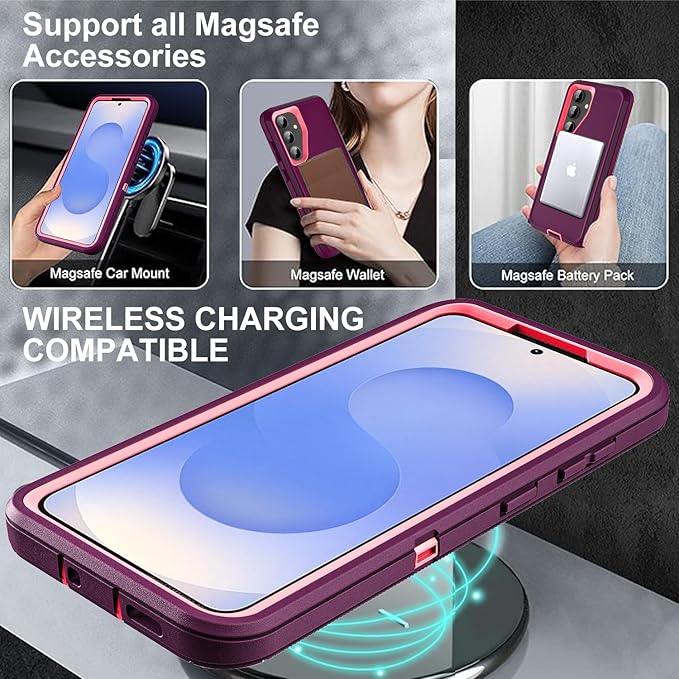 for Samsung Galaxy S25 Case, ONLY, [NOT FIT Galaxy S25 Edge/S25 Plus/S25 Ultra], Compatible with Magsafe, with 2Pcs Tempered Glass Screen Protector & Camera Lens Protector (New-Purple/Pink)