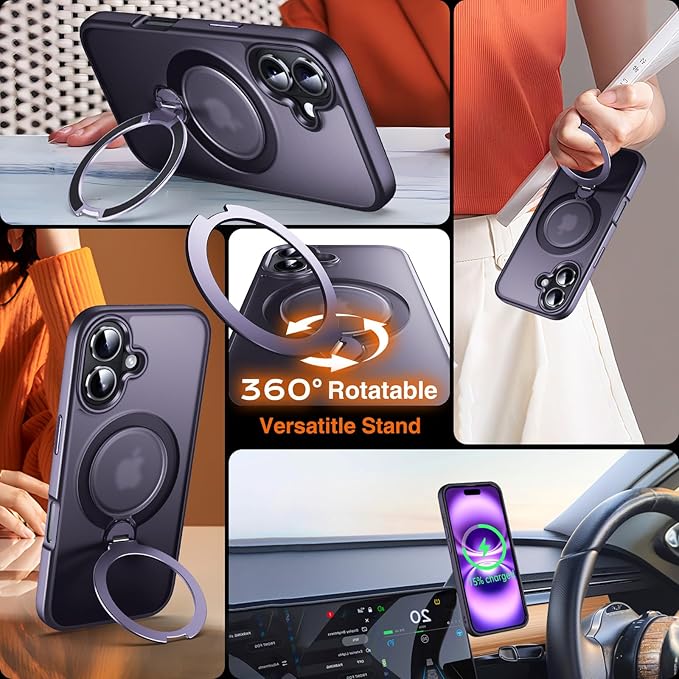 360° O-Ring MagStander for iPhone 16 Case with Magnetic Kickstand Ring Holder [Compatible with MagSafe][360°Rotate Stand Ring][Military Shockproof] Magnet iPhone 16 Phone Cover Matte Purple