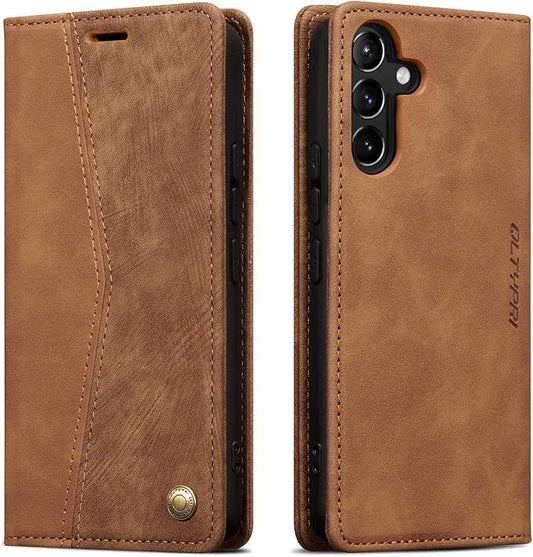 QLTYPRI Wallet Case for Samsung Galaxy S24, Vintage Folio PU Leather Purse Case with Card Slots Magnetic Closure Kickstand Flip Crashproof Phone Cover for Samsumg Galaxy S24 - Brown