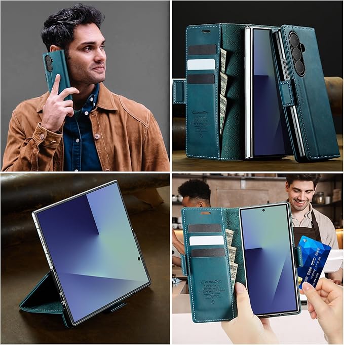 for Samsung Galaxy Z Fold 7 Case, Flip Wallet Leather Case with Card Holder Magnetic Closure Shockproof Kickstand Protective Phone Cases Cover for Galaxy Z Fold 7, Blue-Green