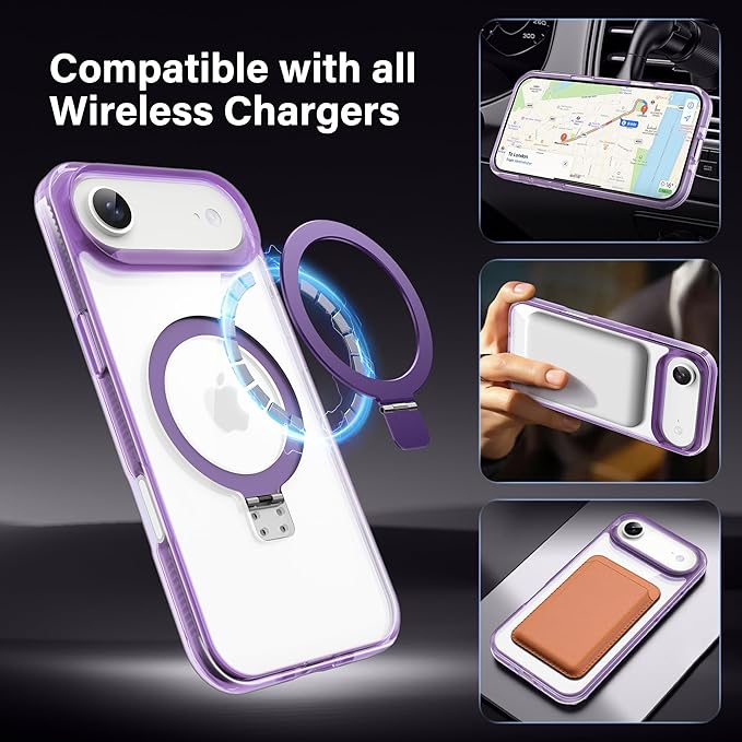 Magnetic Case for iPhone Air - [Built-in Invisible Stand] [Compatible with MagSafe] [Military Grade Drop Protection] Anti-Yellowing Hard Back Silicone Edge Cover, 6.5", Clear Purple