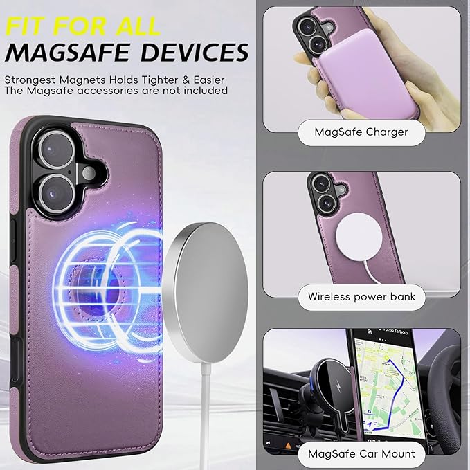 for iPhone 16 Leather Wallet Case, Compatible with Magsafe, 2 in 1 Detachable Magnetic Card Holder, RFID Blocking Kickstand Credit Slots Flip Case for Men Women, Purple