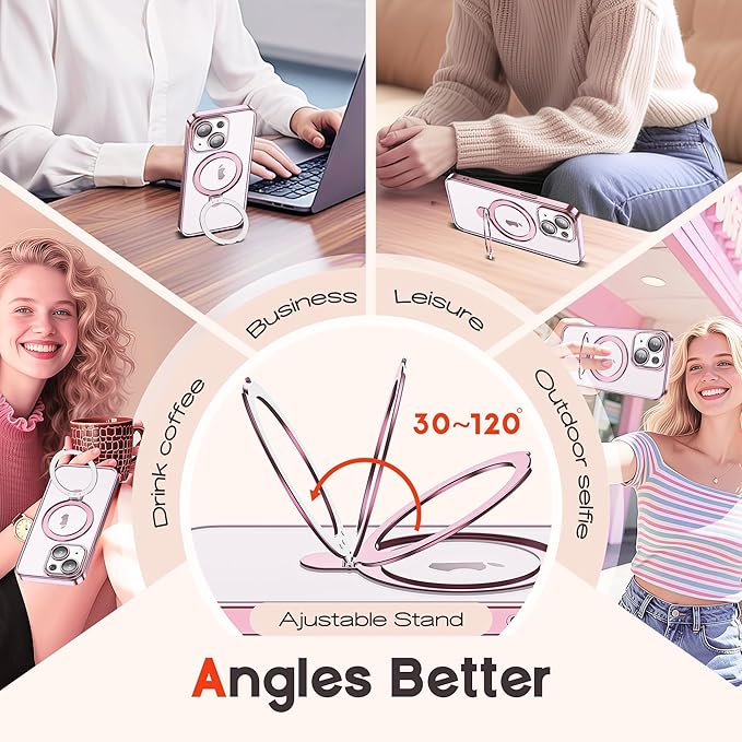 Compatible with Clear iPhone 16 Pro Max Case with Magnetic Stand [Compatible with Mag-Safe][Full Camera Len Protectors] Shockproof Plating Phone Case for iPhone 16 Pro Max 6.9’’,Rose Gold