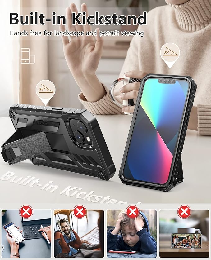 for iPhone 13/14 Protective Case: for iPhone 16e Cover with Belt Clip Holster | Durable Dual-Layer Design with Built-in Kickstand | Heavy Duty Military Grade Hard Protection Shock Proof Black
