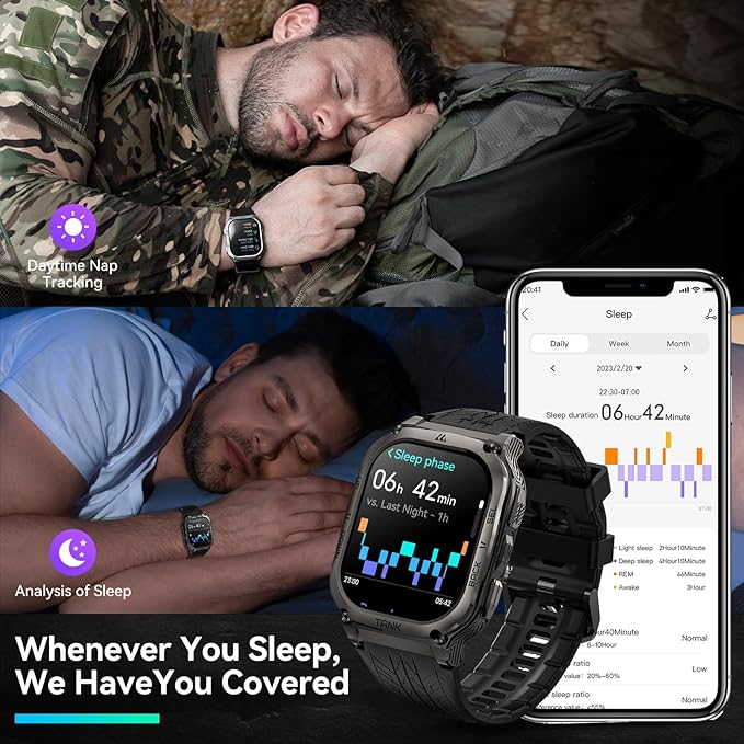 AMAZTIM Smart Watch, 60 Days Extra-Long Battery, 50M Waterproof, Rugged Military Bluetooth Call(Answer/Dial Calls), 2.0" Ultra Large HD Display, AI Voice Assistant (Shiny Black)