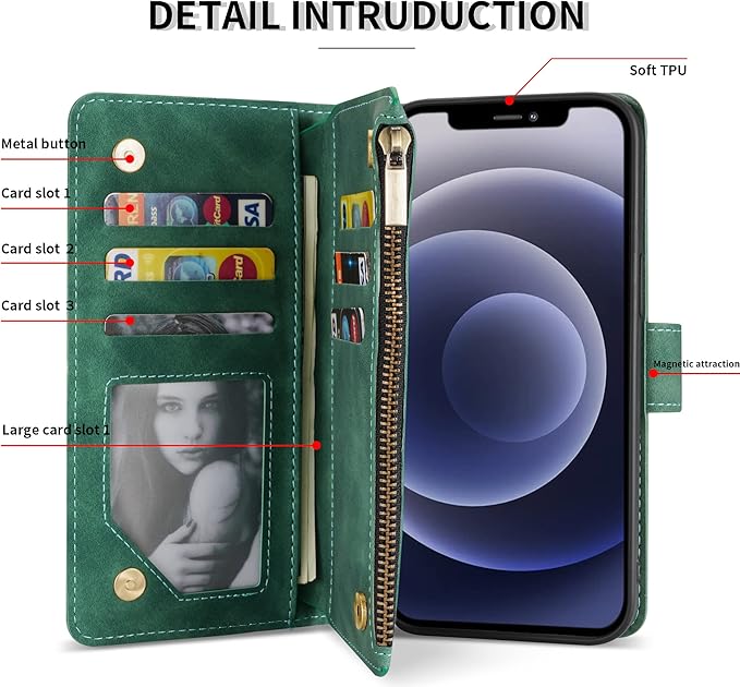 ZZXX for iPhone 12/12 Pro Wallet Case with Card Slot Premium Soft PU Leather Zipper Flip Folio Wallet with Wrist Strap Kickstand Protective for iPhone 12(Green 6.1 inch)