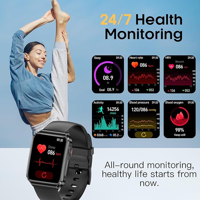 Smart Watch, 1.85" HD Bluetooth Call Pedometer with Heart Rate/Blood Oxygen/Blood Pressure/Blood Composition/Body Composition/Sleep Monitor, IP67 Waterproof