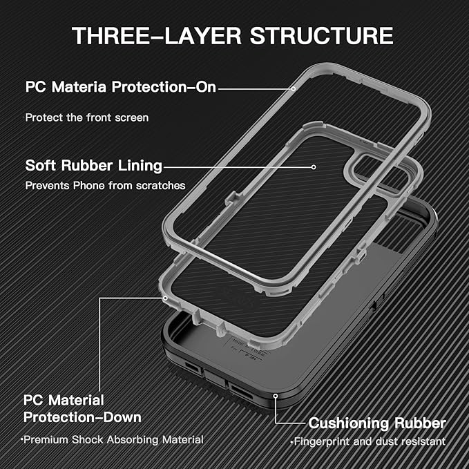 for iPhone 16e Case [Compatible with MagSafe] Shockproof 3-Layer Full Body Protection [Without Screen Protector] Rugged Heavy Duty Cover Case for Apple iPhone 16e 6.1" 2025,Black/Grey