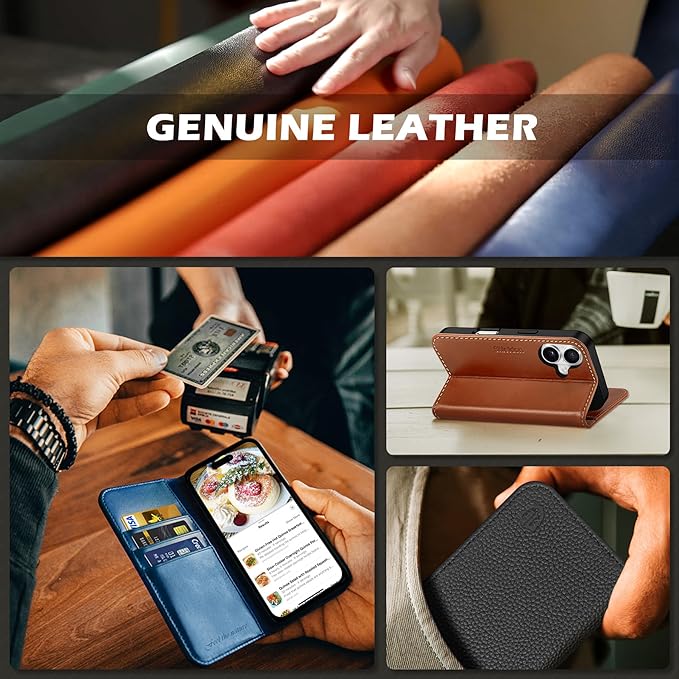 SHIELDON Case for iPhone 16 2024, Genuine Leather Magnetic Folio Wallet [RFID Blocking Credit Card Slots] Kickstand Shockproof Soft Phone Holder Case Compatible with iPhone 16 6.1" - Oily Brown