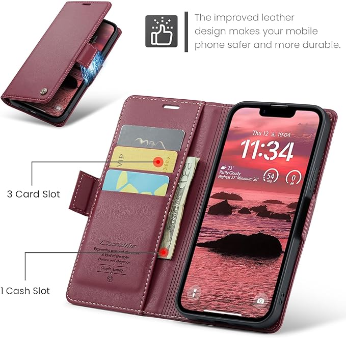 for Apple iPhone 16e Case, Premium PU Leather Wallet Case Flip Cover with [RFID Blocking][Card Holder][Stand Function] Shockproof Protective for iPhone 16E 6.1", Red