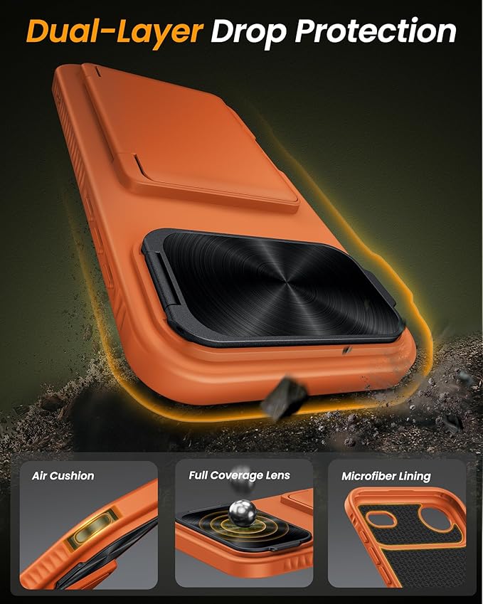 for iPhone Air Case with Credit Card Holder, Built-in Camera Cover Stand, Silicone Bumper Raised Edge Multifunctional Wallet Full Body Protective Phone Cover Case for iPhone Air 2025, Orange