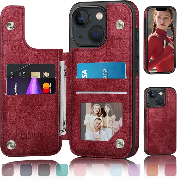 DJDUCK Designed for iPhone 14 Case Wallet with Card Holder, [Magnetic Clasp Cover] [RFID Blocking Leather Protection] Shockproof Women Men Cases 6.1 Inch for Apple 14 Red