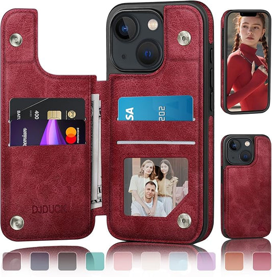 DJDUCK Designed for iPhone 14 Case Wallet with Card Holder, [Magnetic Clasp Cover] [RFID Blocking Leather Protection] Shockproof Women Men Cases 6.1 Inch for Apple 14 Red
