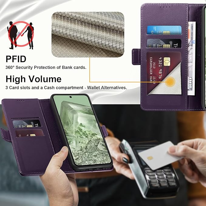 Wallet Flip Case for Google Pixel 8 - [RFID Blocking] Luxury PU Leather Card Holder Magnetic Phone Cover with Kickstand,Shockproof Protective Case,Purple