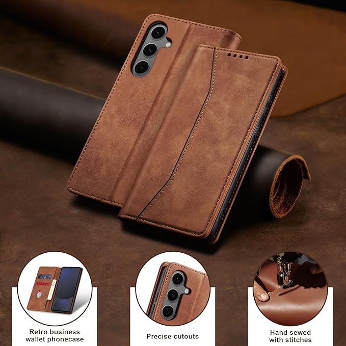 Jasonyu Flip Wallet Case for Samsung Galaxy S24 FE,Leather Magnetic Folio Cover with Card Holder,Kickstand - TPU Shockproof Durable Protective Phone Case,Brown