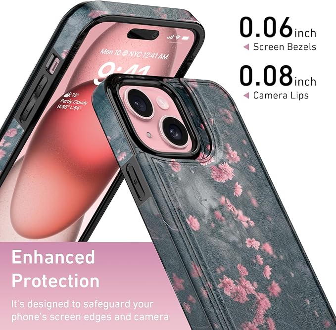 FUNMIKO for iPhone 14 Plus Wallet Case with Card Holder, RFID-Blocking, Military-Grade Protection & UV-Printed Artwork, Magnetic Closure with Leather Kickstand - Mystic Blooming Plum