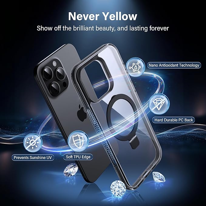 Magnetic Case for iPhone 16 Pro Max - [Built-in Invisible Stand] [Compatible with MagSafe] [Military Grade Drop Protection] Anti-Yellowing Hard Back Silicone Edge Cover, 6.9", Clear Black