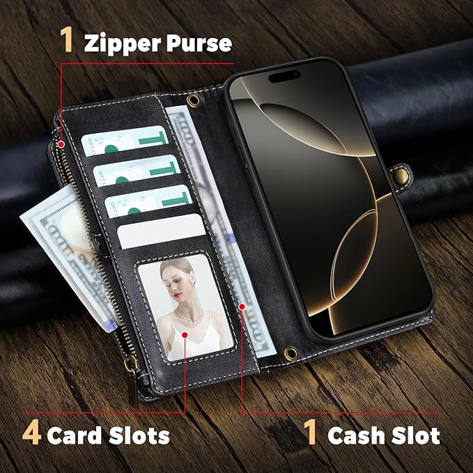 for iPhone 16 Pro Max Wallet Phone Case with 8 Card Holder,RFID Blocking | PU Leather | Kickstand | Flip | Wrist Strap&Shoulder Strap | Shockproof | Zipper Wallet | Women Men | 6.9" | Black