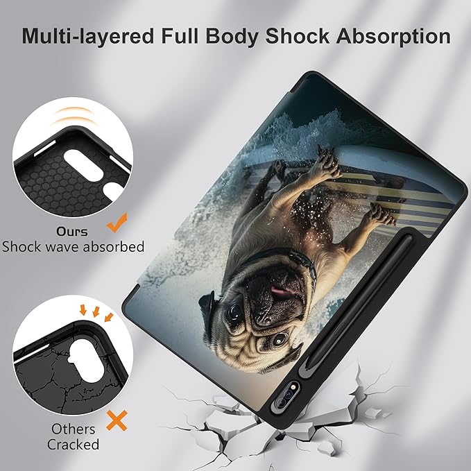 Case for Samsung Galaxy Tab S8 2022 & S7 2020, Shockproof Tablet Case for Samsung Tab S8/S7 11 inch with Auto Sleep/Wake & Trifold Stand & Soft TPU Back Cover, Dog Surfing