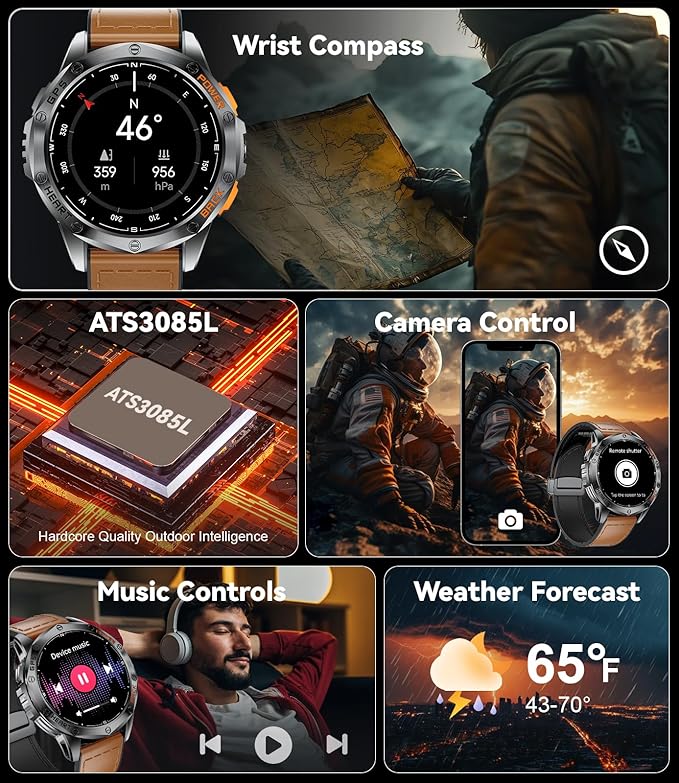 GPS Smart Watches for Men,1.43" AMOLED Fitness Tracker with LED Flashlight/Compass/530mAh Battery, Heart Rate/SpO2/Sleep Monitor 5ATM Outdoor Sports Smartwatch for Android iOS,100+Sport Modes