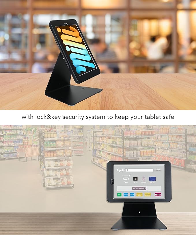 Desktop Anti-Theft Security Kiosk Stand Holder for iPad Mini 7 A17 Pro 2024 8.3"/ iPad Mini 6 2021 8.3",with Lock & Key,Flip &360°Rotating Horizontal or Vertical Design(Black)