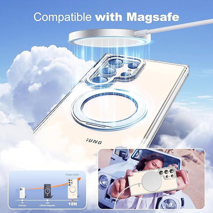 Compatible with Samsung Galaxy S22 & S23 Ultra Case with 360Rotatable Magnetic Ring Stand Compatible with Mag-Safe Military Protection Shockproof Transparent Phone Case,Clear