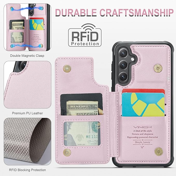 Vinich for Samsung Galaxy S25 Wallet Case with Card Holder, RFID Blocking Credit Slots Kickstand Shockproof Phone Cover for Women Men, Pink