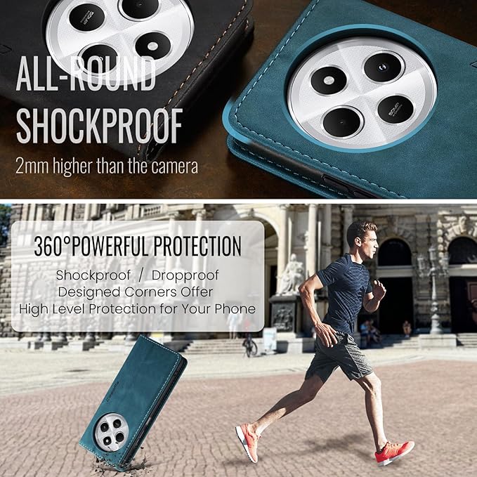 for Xiaomi Redmi 14C Case, Flip Wallet Leather Case with Card Holder Magnetic Closure Shockproof Kickstand Protective Phone Cases Cover for Redmi 14 C, Blue-Green