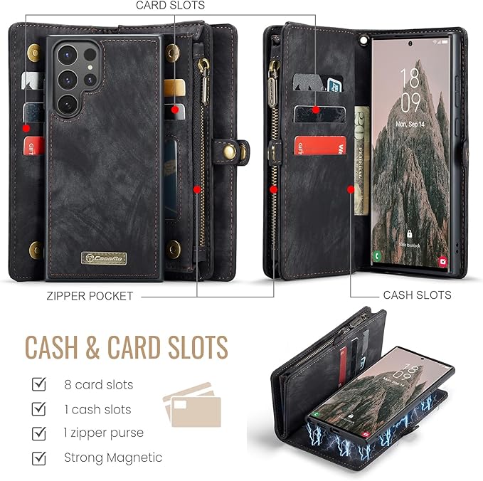 SZHAIYU 2 in 1 Detachable for Samsung Galaxy S25 Ultra Wallet Case with Card Holder, Retro Premium Flip Leather Cover Magnetic Zipper Pocket Phone Cases 6.8'' (Black, S25 Ultra)