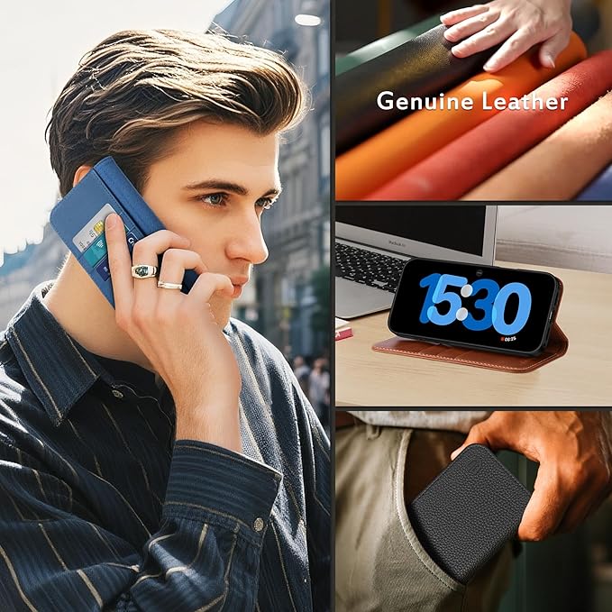 SHIELDON Genuine Leather Wallet Case for iPhone 17 6.3-inch 5G 2025 | Flip Magnetic Cover | Kickstand | RFID Blocking | 3 Credit Card Holder | Shockproof | Soft Inner Phone Case | Black