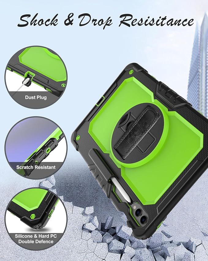 Case for Samsung Galaxy Tab S10 Plus/ S9 FE Plus/ S9 Plus 5G Case 12.4" [with Tempered Glass Screen Protector], Rotating Kickstand, S Pen Holder, Shoulder & Hand Strap (Green)