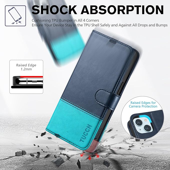 TUCCH Wallet Case for iPhone 15, [RFID Blocking] [4 Card Slots] TPU Interior Protective Case, Magnetic Folio Shockproof PU Leather Stand Flip Cover Compatible with iPhone 15 6.1", Dark Blue&Lake Blue