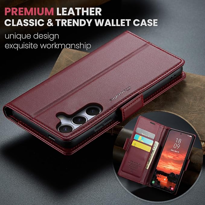 for Samsung Galaxy S25 Case, Premium PU Leather Wallet Case Flip Cover with [RFID Blocking][Card Holder][Stand Function] Shockproof Protective for Samsung Galaxy S25, Red