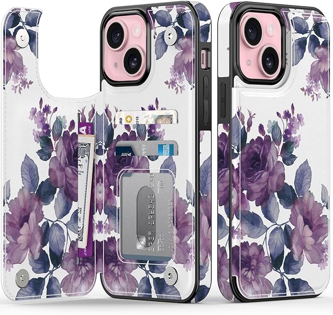 FUNMIKO for iPhone 13 Wallet Case with Card Holder, RFID-Blocking, Military-Grade Protection & UV-Printed Artwork, Magnetic Closure with Leather Kickstand - Elegant Purple Floral