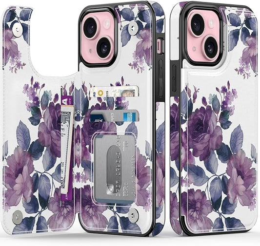 FUNMIKO for iPhone 13 Wallet Case with Card Holder, RFID-Blocking, Military-Grade Protection & UV-Printed Artwork, Magnetic Closure with Leather Kickstand - Elegant Purple Floral